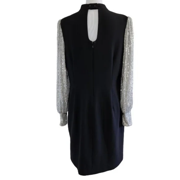 🆕️⬇️Nicole Miller Black Stretch Crepe Camille Dress With Sequin Puff Sleeves - Picture 10 of 15